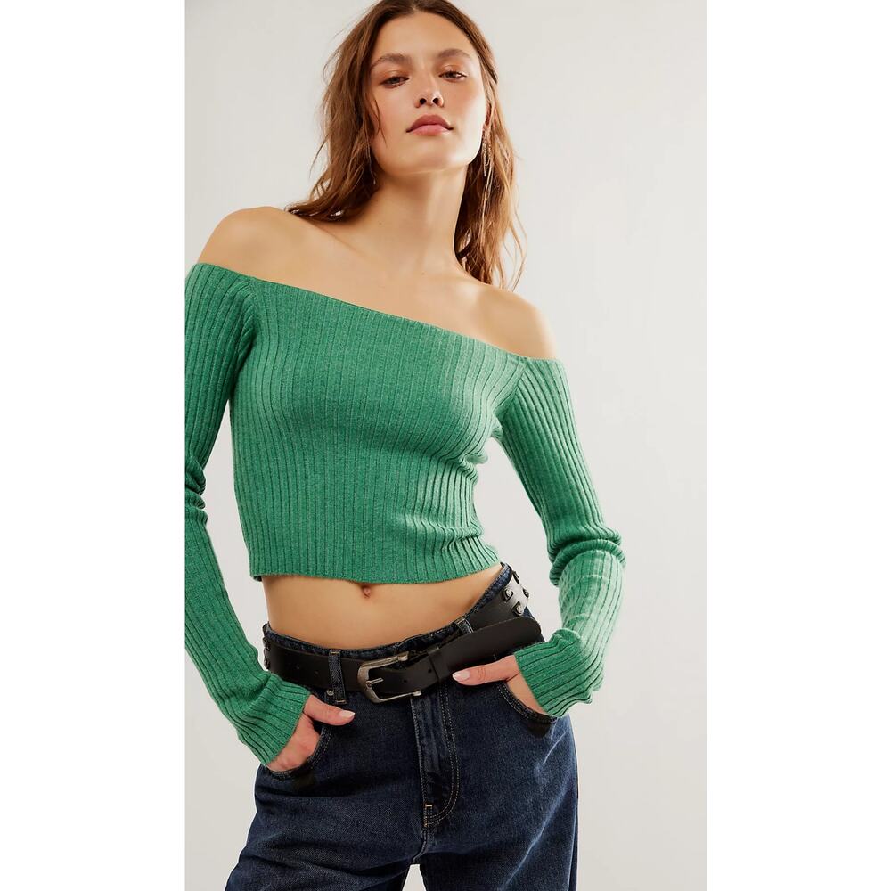Free People Madeline Green Ribbed Long Sleeve Off The Shoulder Sweater Size S